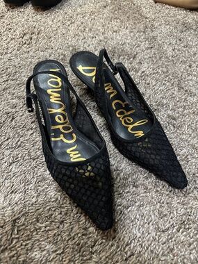 Sam Edelman Black Mesh Slingback Pointed Toe Heels with Gold Insole Script